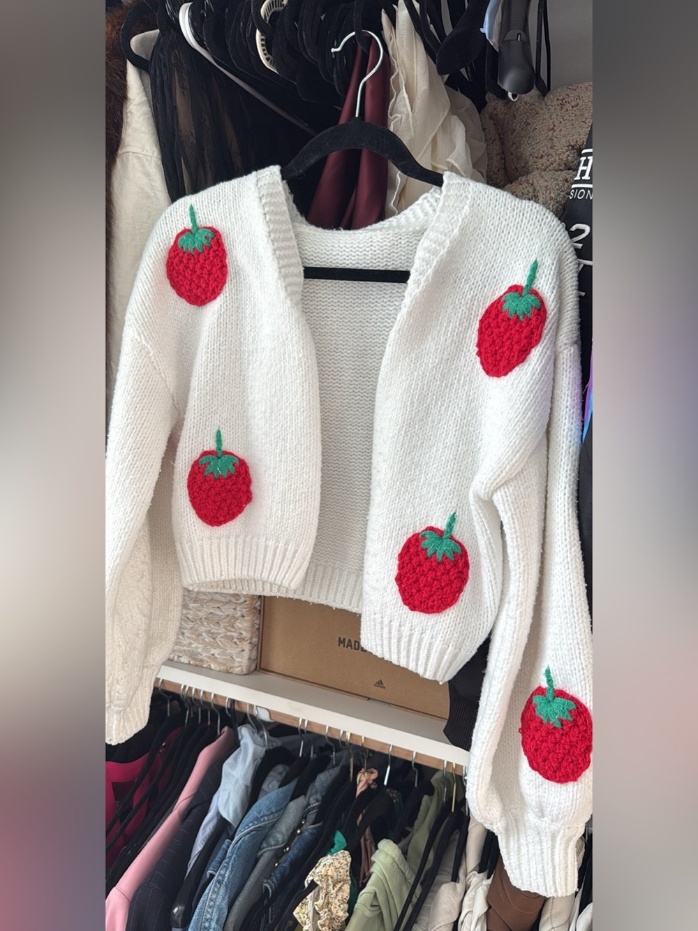 White Strawberry Appliqué Cropped Cardigan Sweater
